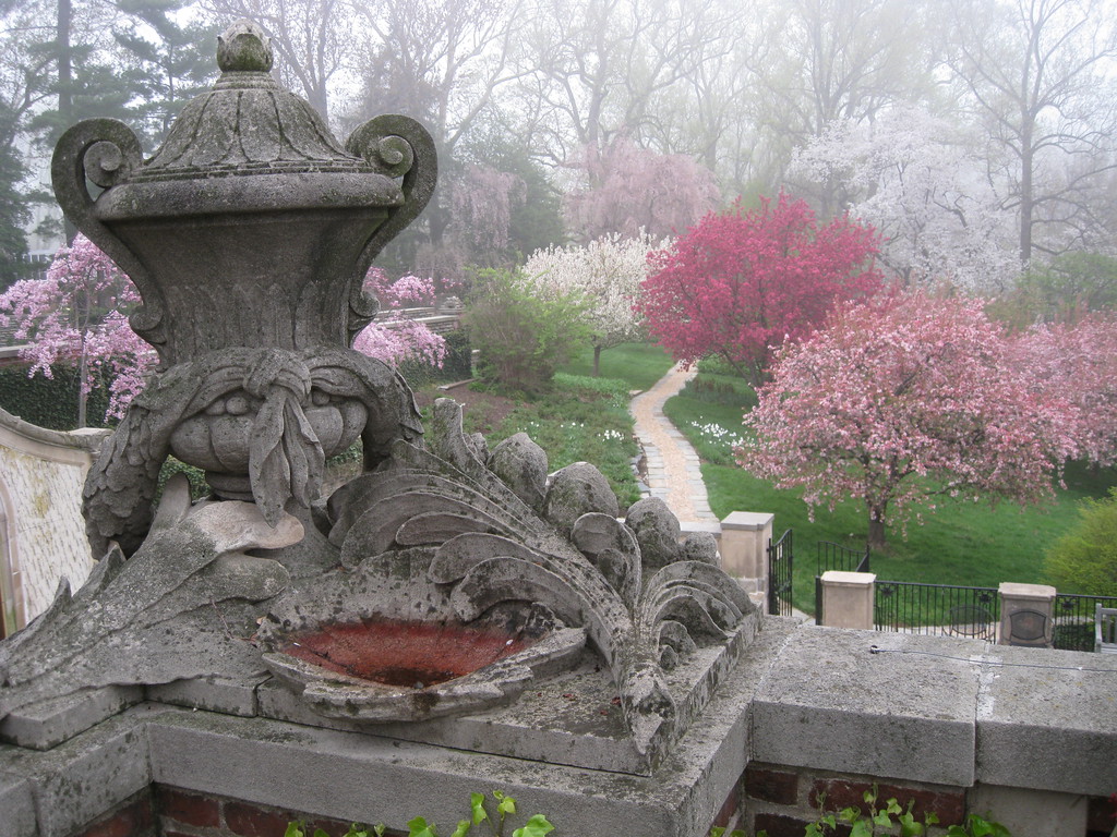 Photo of an orchard of ping crabapple trees with an ornate masonry wall in the foreground